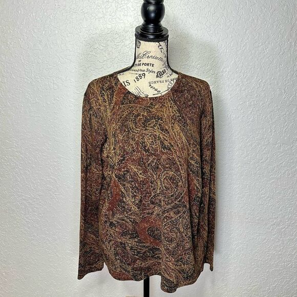 Ralph Lauren Women Brown Paisley Silk Cashmere Metallic Sweater Size 1X - Picture 4 of 9